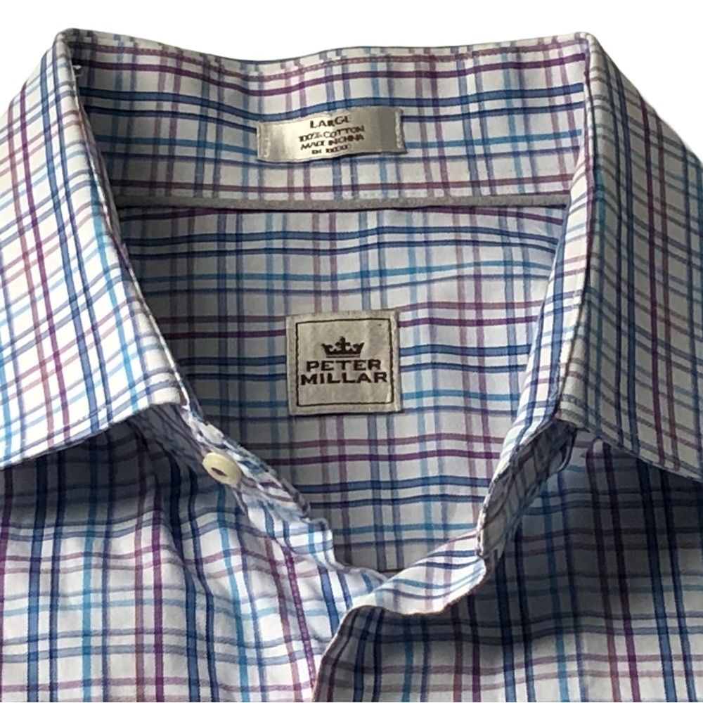 Peter Millar Men's Large Purple Blue Plaid Cotton Long Sleeve Button Down